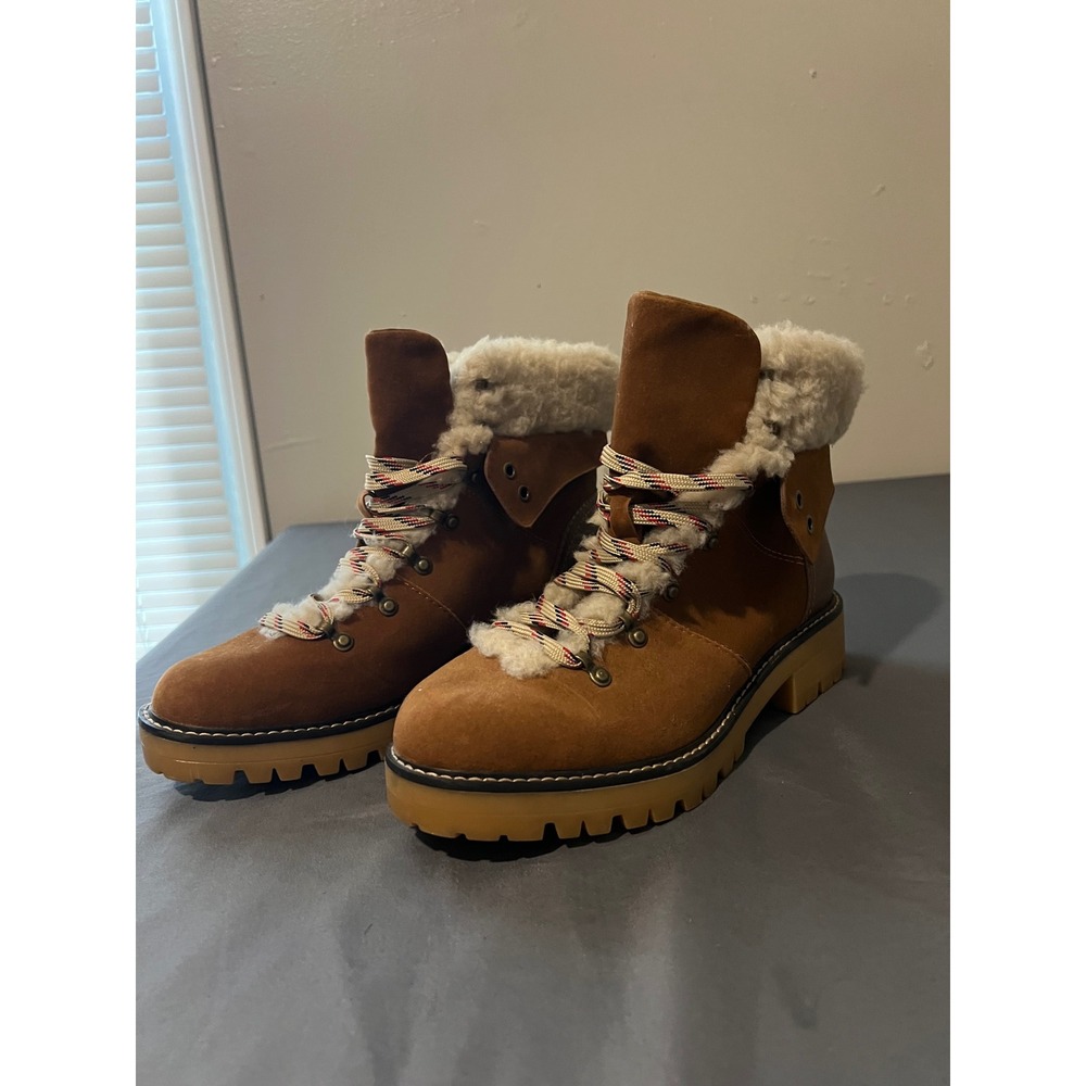 Time & Tru Womens Cognac Faux Shearling Hiking Boots Brown Lug Sole Size 11W